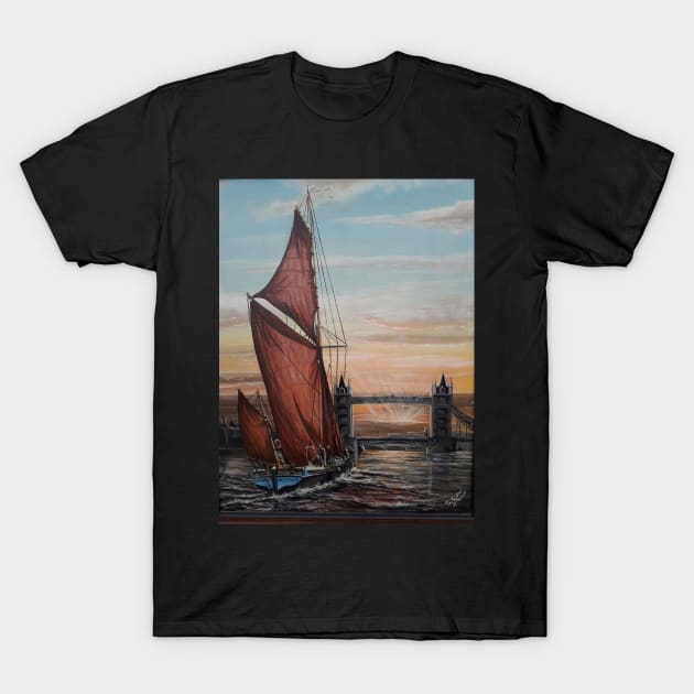 SAILING BARGE DANNEBROG AND TOWER BRIDGE AT SUNSET T-Shirt by MackenzieTar